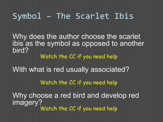 Why does the author choose the scarlet
ibis as the symbol as opposed to another
bird?
Watch the CC if you need help
With what is red usually associated?
Watch the CC if you need help
Why choose a red bird and develop red
imagery?
Watch the CC if you need help
Symbol – The Scarlet Ibis
 