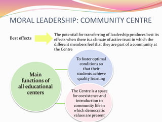 MORAL LEADERSHIP: COMMUNITY CENTRE
Best effects
Main
functions of
all educational
centers
To foster optimal
conditions so
that their
students achieve
quality learning
The Centre is a space
for coexistence and
introduction to
community life in
which democratic
values are present
The potential for transferring of leadership produces best its
effects when there is a climate of active trust in which the
different members feel that they are part of a community at
the Centre
 