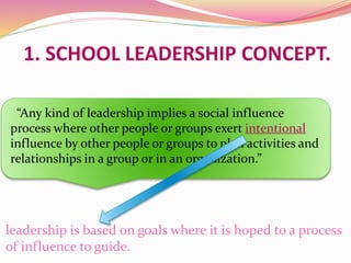 1. SCHOOL LEADERSHIP CONCEPT.
“Any kind of leadership implies a social influence
process where other people or groups exert intentional
influence by other people or groups to plan activities and
relationships in a group or in an organization.”
leadership is based on goals where it is hoped to a process
of influence to guide.
 
