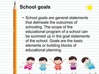 School goals
• School goals are general statements
that delineate the outcomes of
schooling. The scope of the
educational program of a school can
be summed up in the goal statements
of the school. Goals are the basic
elements or building blocks of
educational planning.
 