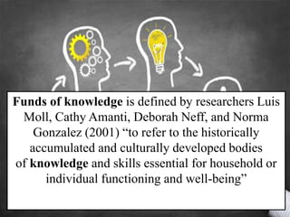 Funds of knowledge is defined by researchers Luis
Moll, Cathy Amanti, Deborah Neff, and Norma
Gonzalez (2001) “to refer to the historically
accumulated and culturally developed bodies
of knowledge and skills essential for household or
individual functioning and well-being”
 
