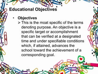 Educational Objectives
• Objectives
 This is the moat specific of the terms
denoting purpose. An objective is a
specific target or accomplishment
that can be verified at a designated
time and under specifiable conditions
which, if attained, advances the
school toward the achievement of a
corresponding goal.
 