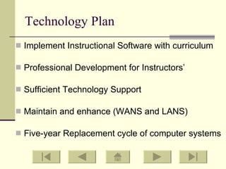 Technology Plan Implement Instructional Software with curriculum Professional Development for Instructors’ Sufficient Technology Support Maintain and enhance (WANS and LANS) Five-year Replacement cycle of computer systems 