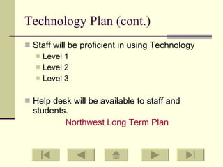 Technology Plan (cont.) Staff will be proficient in using Technology Level 1 Level 2 Level 3 Help desk will be available to staff and students. Northwest Long Term Plan 