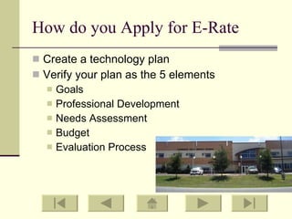 How do you Apply for E-Rate Create a technology plan  Verify your plan as the 5 elements Goals Professional Development Needs Assessment Budget Evaluation Process 