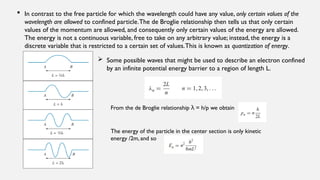  In contrast to the free particle for which the wavelength could have any value, only certain values of the
wavelength are allowed to confined particle.The de Broglie relationship then tells us that only certain
values of the momentum are allowed, and consequently only certain values of the energy are allowed.
The energy is not a continuous variable, free to take on any arbitrary value; instead, the energy is a
discrete variable that is restricted to a certain set of values.This is known as quantization of energy.
 Some possible waves that might be used to describe an electron confined
by an infinite potential energy barrier to a region of length L.
From the de Broglie relationship = h/p we obtain
λ
The energy of the particle in the center section is only kinetic
energy /2m, and so
 