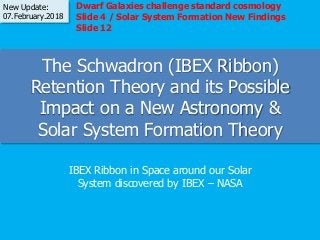 The Schwadron (IBEX Ribbon)
Retention Theory and its Possible
Impact on a New Astronomy &
Solar System Formation Theory
IBEX Ribbon in Space around our Solar
System discovered by IBEX – NASA
New Update:
07.February.2018
Dwarf Galaxies challenge standard cosmology
Slide 4 / Solar System Formation New Findings
Slide 12
 
