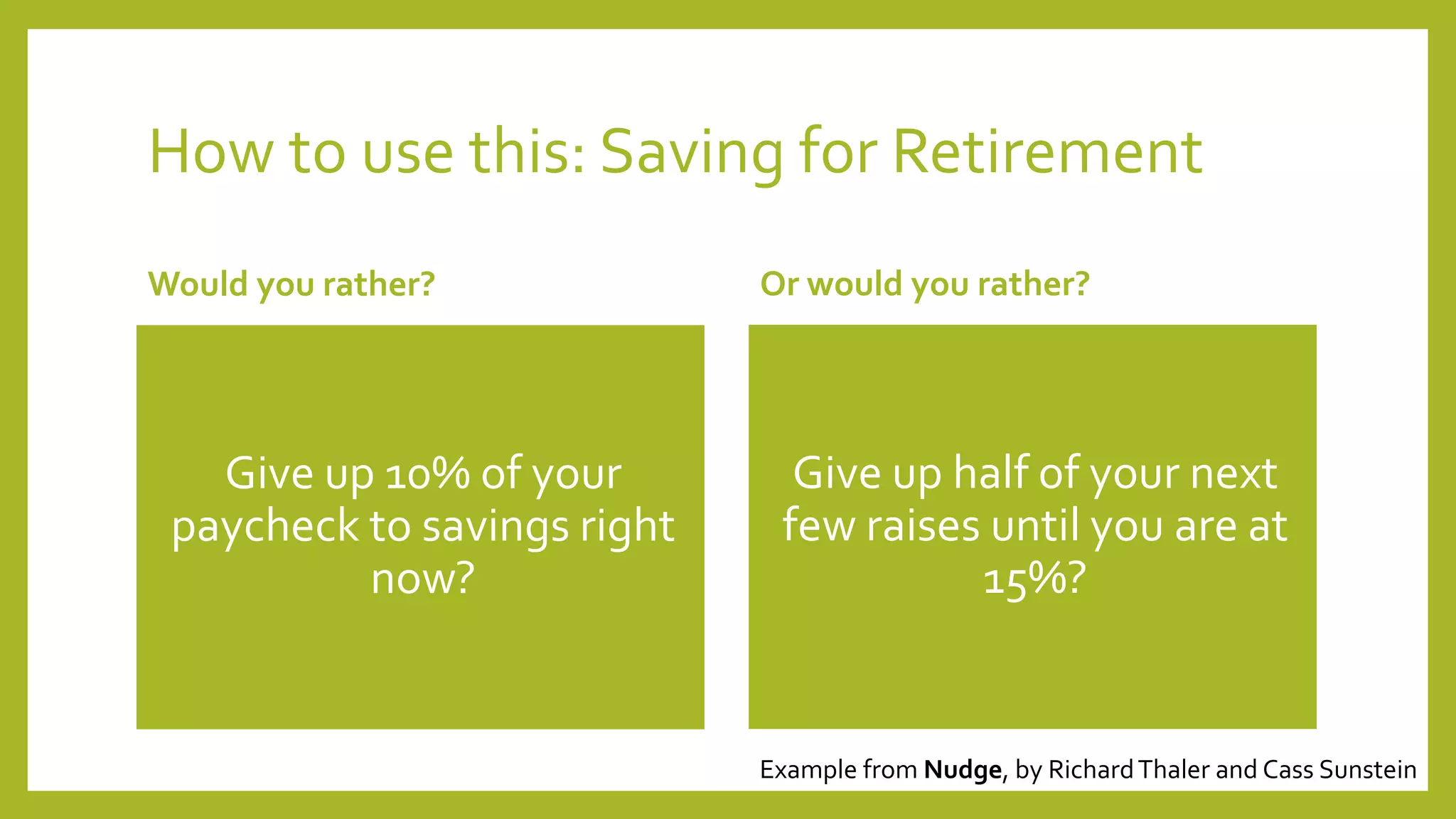 How to use this: Saving for Retirement
Would you rather?
Give up 10% of your
paycheck to savings right
now?
Or would you rather?
Give up half of your next
few raises until you are at
15%?
Example from Nudge, by RichardThaler and Cass Sunstein
 