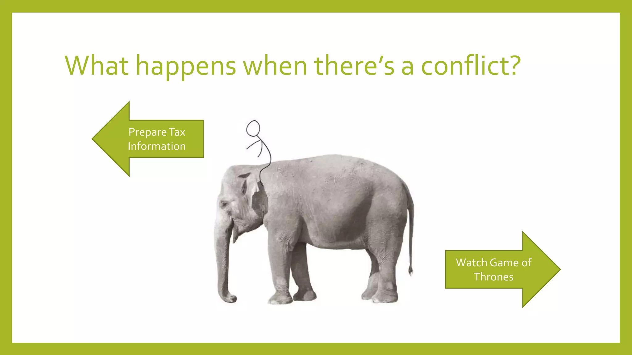 What happens when there’s a conflict?
PrepareTax
Information
Watch Game of
Thrones
 