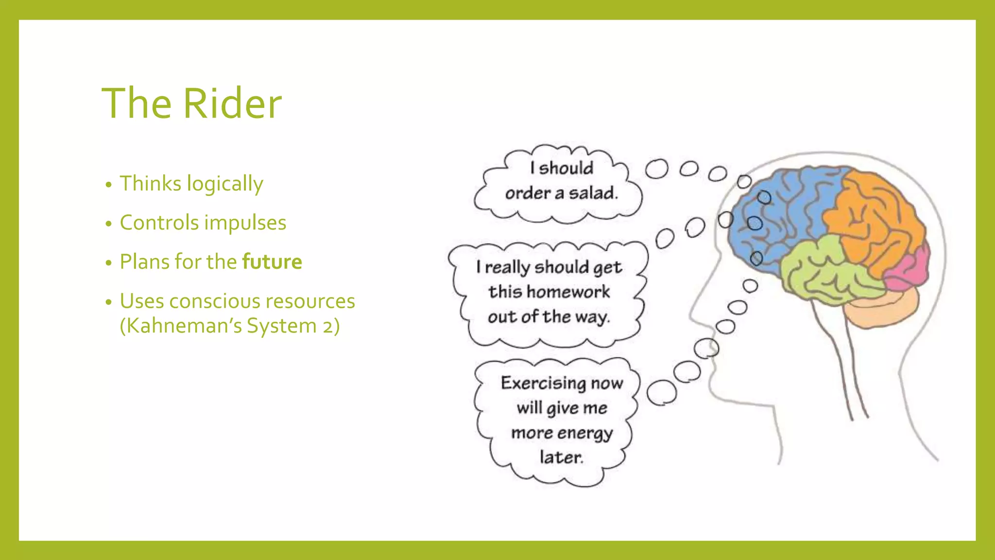 The Rider
• Thinks logically
• Controls impulses
• Plans for the future
• Uses conscious resources
(Kahneman’s System 2)
 