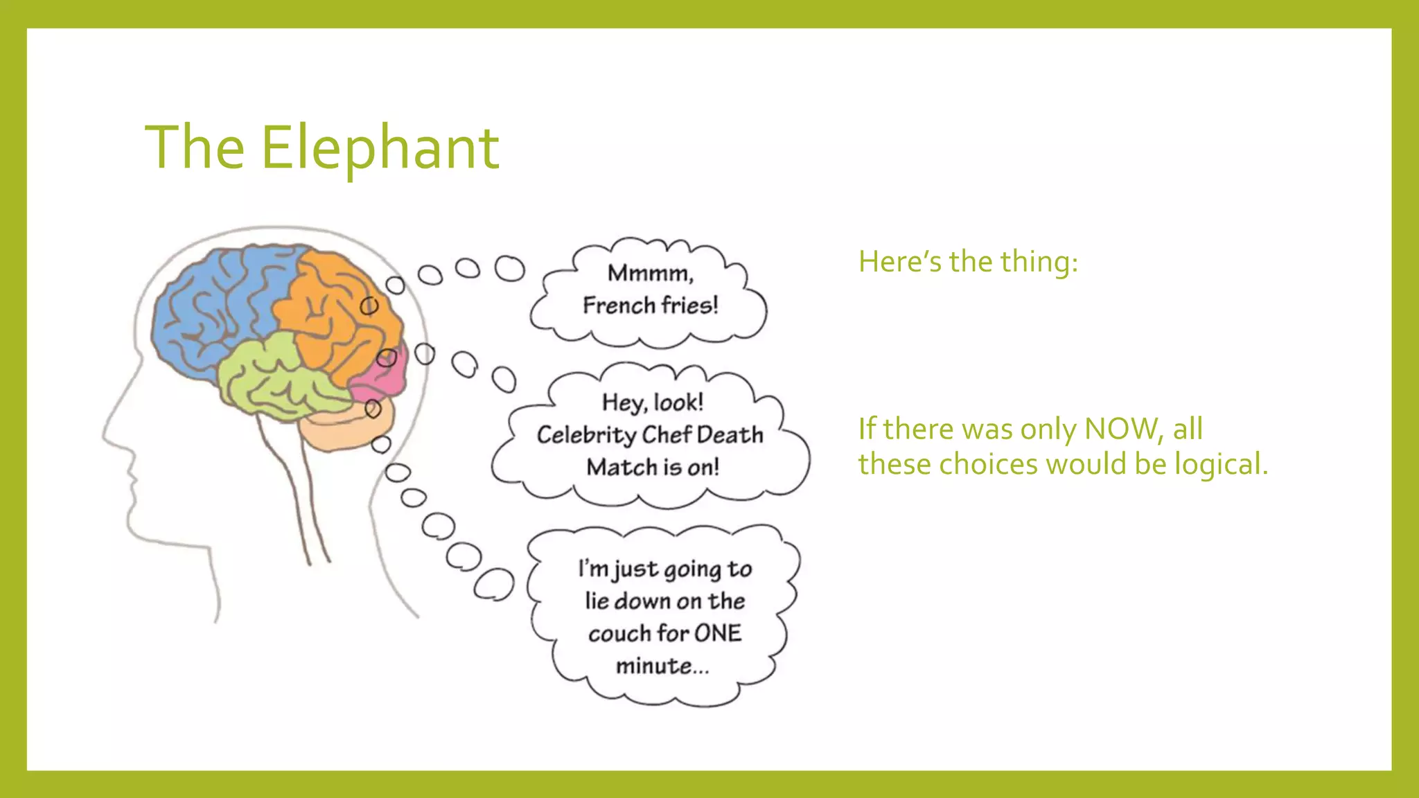 The Elephant
Here’s the thing:
If there was only NOW, all
these choices would be logical.
 