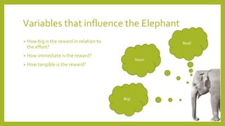 Variables that influence the Elephant
• How big is the reward in relation to
the effort?
• How immediate is the reward?
• How tangible is the reward?
Big!
Now!
Real!
 