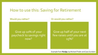 How to use this: Saving for Retirement
Would you rather?
Give up 10% of your
paycheck to savings right
now?
Or would you rather?
Give up half of your next
few raises until you are at
15%?
Example from Nudge, by RichardThaler and Cass Sunstein
 