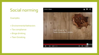 Social norming
Examples:
• Environmental behaviors
• Tax compliance
• Binge drinking
• Teen Smoking
 