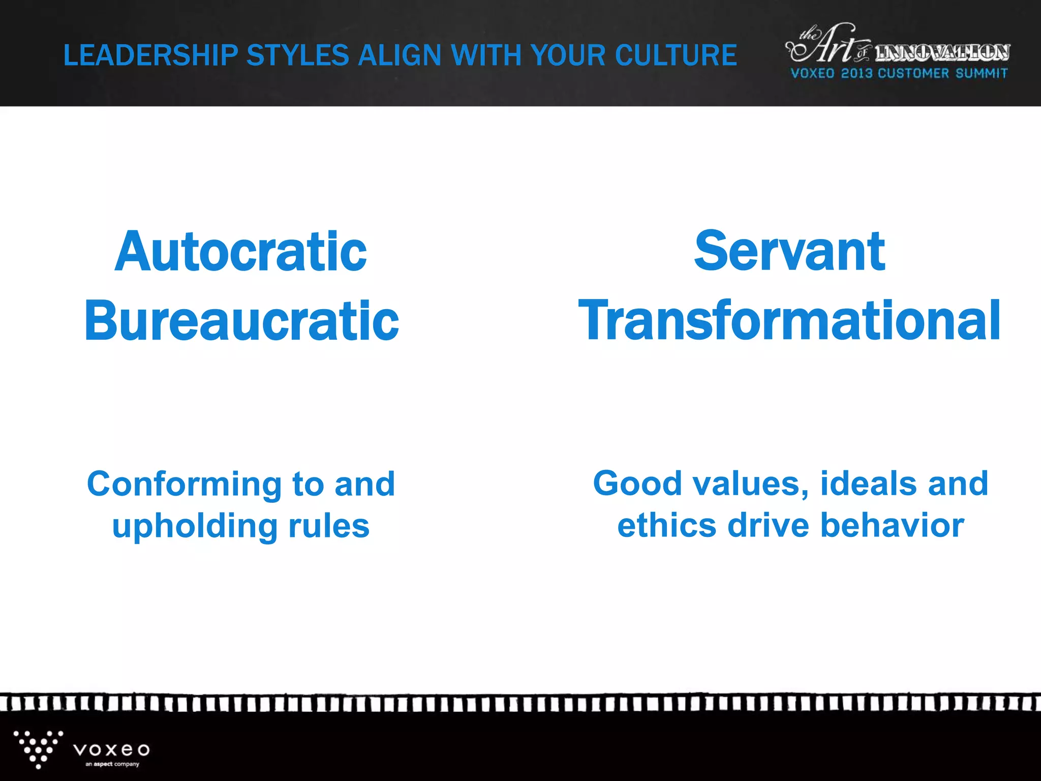 LEADERSHIP STYLES ALIGN WITH YOUR CULTURE
Autocratic
Bureaucratic
Conforming to and
upholding rules
Servant
Transformational
Good values, ideals and
ethics drive behavior
 