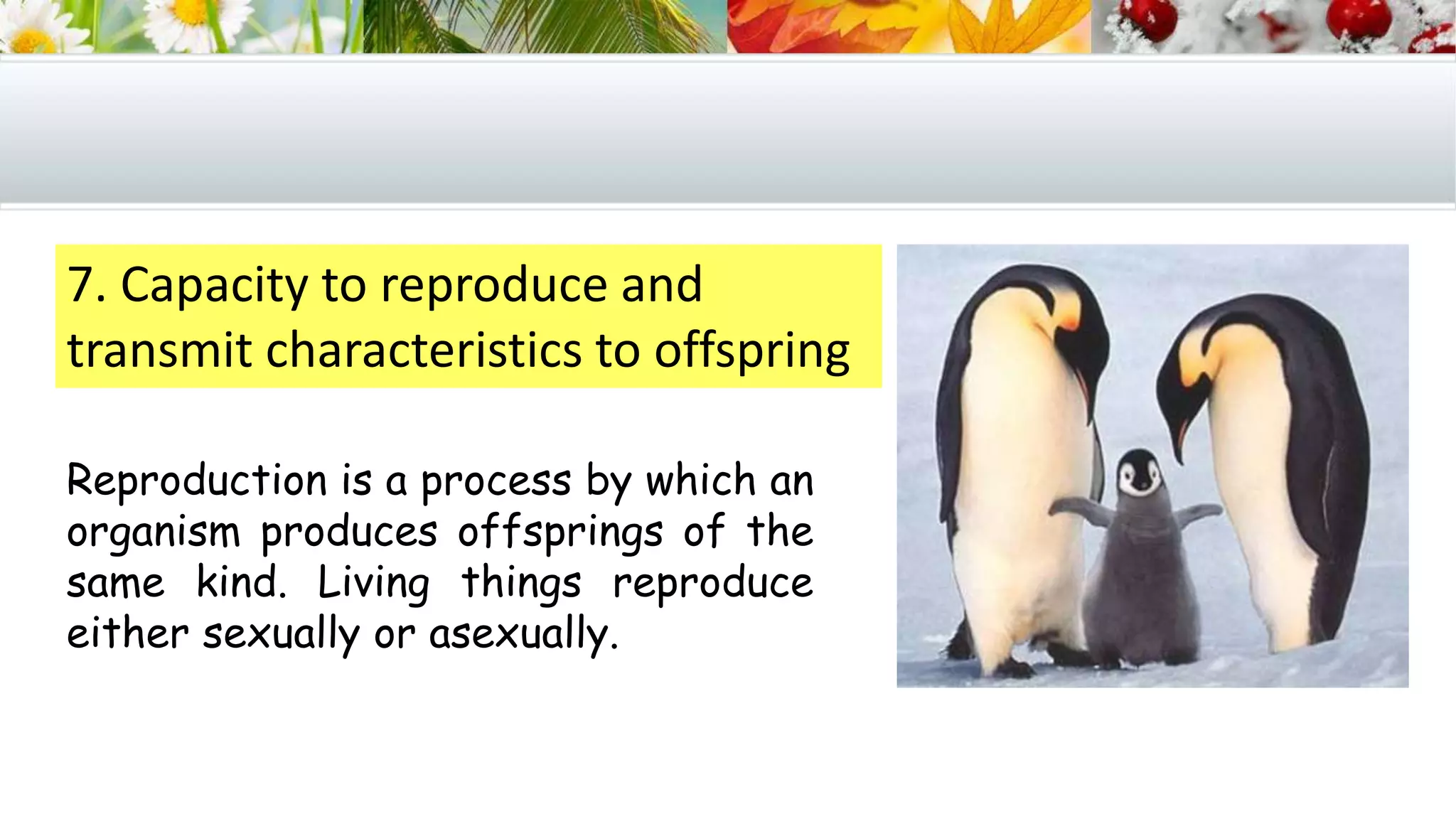 7. Capacity to reproduce and
transmit characteristics to offspring
Reproduction is a process by which an
organism produces offsprings of the
same kind. Living things reproduce
either sexually or asexually.
 