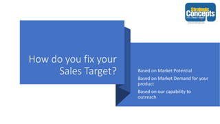 Based on Market Potential
Based on Market Demand for your
product
Based on our capability to
outreach
How do you fix your
Sales Target?
 