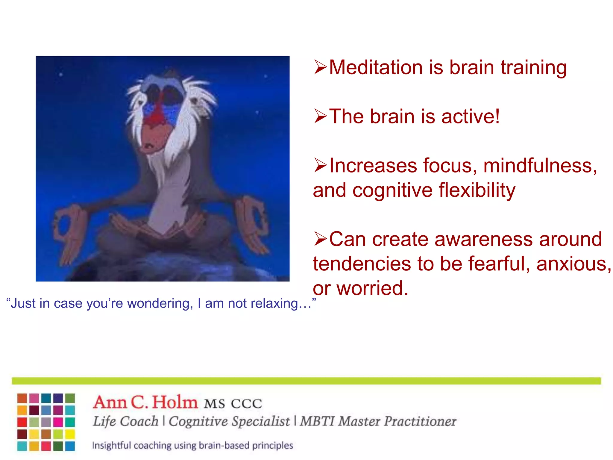 Two more brainy reasons to exercise:The brain chemicals serotonin, dopamine and norepinephrine are released which result in mood stabilization, focus, and motivation. (From a survival standpoint, wouldn’t you want to be this way if you were stalking prey or avoiding danger?)