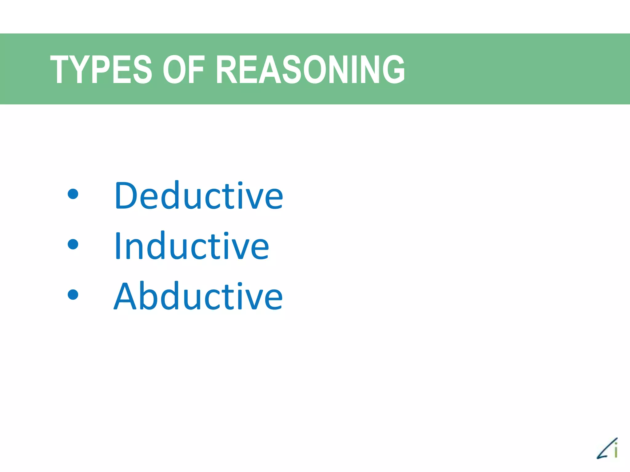 TYPES OF REASONING
• Deductive
• Inductive
• Abductive
 