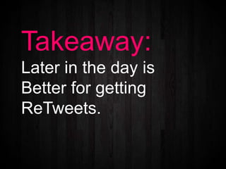 Takeaway:
Later in the day is
Better for getting
ReTweets.
 