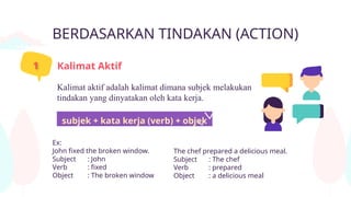 BERDASARKAN TINDAKAN (ACTION)
Kalimat Aktif
Ex:
John fixed the broken window.
Subject : John
Verb : fixed
Object : The broken window
Kalimat aktif adalah kalimat dimana subjek melakukan
tindakan yang dinyatakan oleh kata kerja.
subjek + kata kerja (verb) + objek
1
The chef prepared a delicious meal.
Subject : The chef
Verb : prepared
Object : a delicious meal
 