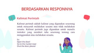 BERDASARKAN RESPONNYA
Kalimat perintah adalah kalimat yang digunakan seseorang
untuk menyuruh melakukan sesuatu atau tidak melakukan
sesuatu. Kalimat perintah juga digunakan untuk menulis
instruksi yang memberi tahu seseorang tentang cara
menggunakan atau melakukan sesuatu.
Ex:
Open the door!
Go to the market now!
Shut the door, please!
1. Kalimat Perintah
 