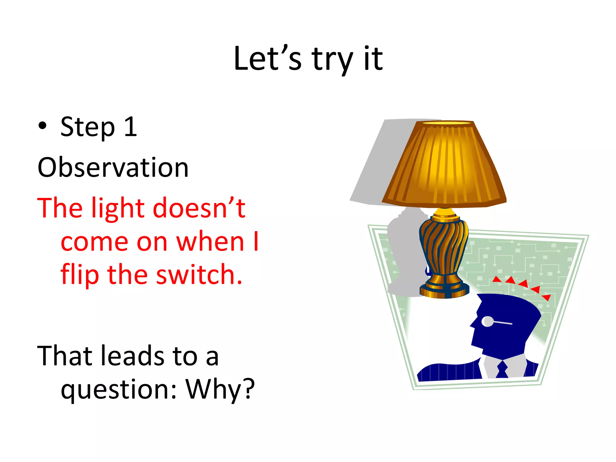 Let’s try it
• Step 1
Observation
The light doesn’t
come on when I
flip the switch.
That leads to a
question: Why?
 