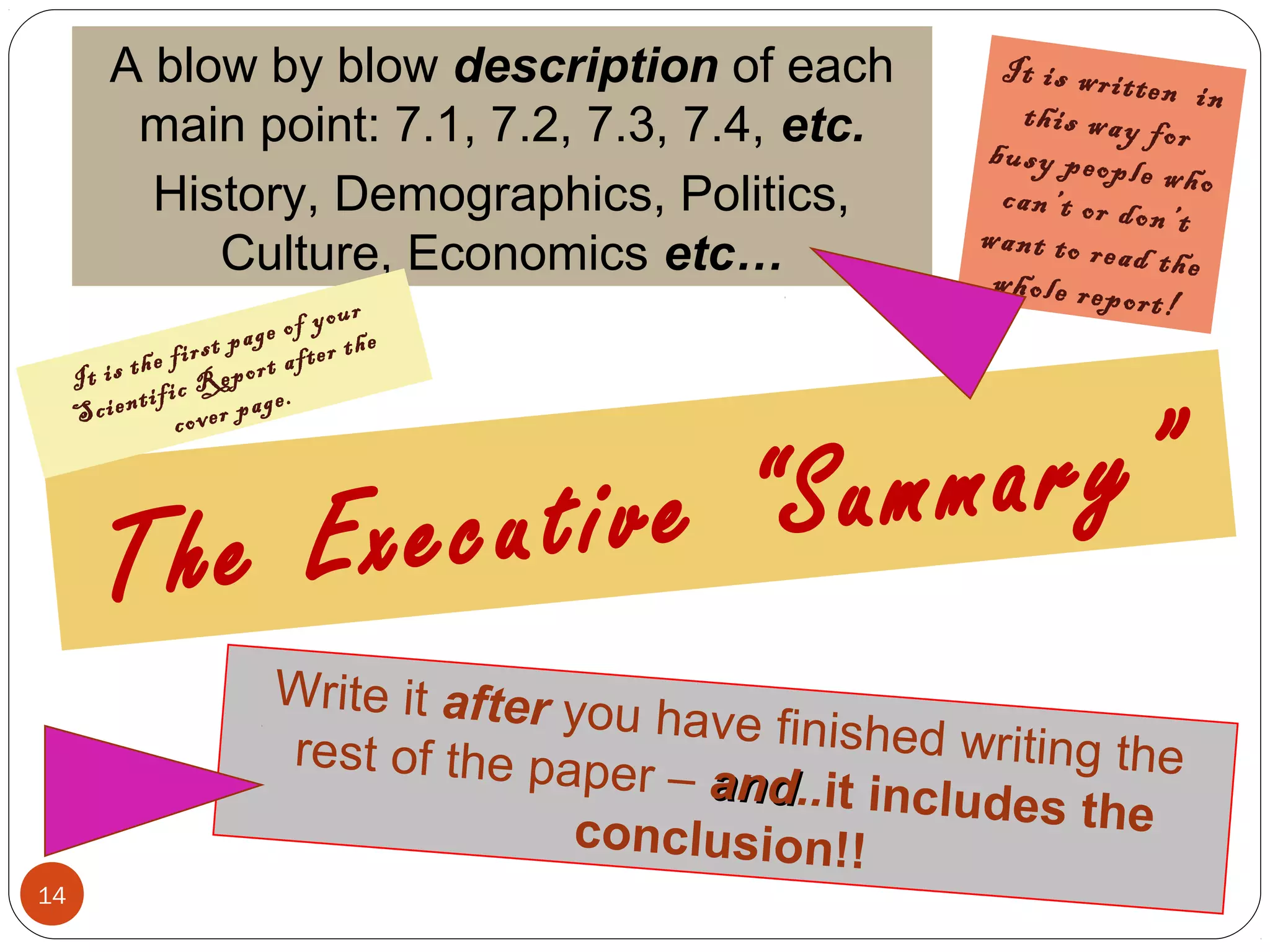 The Executive “Summary”
A blow by blow description of each
main point: 7.1, 7.2, 7.3, 7.4, etc.
History, Demographics, Politics,
Culture, Economics etc…
14
Write it after you have finished writing therest of the paper – andand..it includes theconclusion!!
It is written in
this way for
busy people whocan’t or don’twant to read thewhole report!
It is the first page of your
Scientific Report after the
cover page.
 