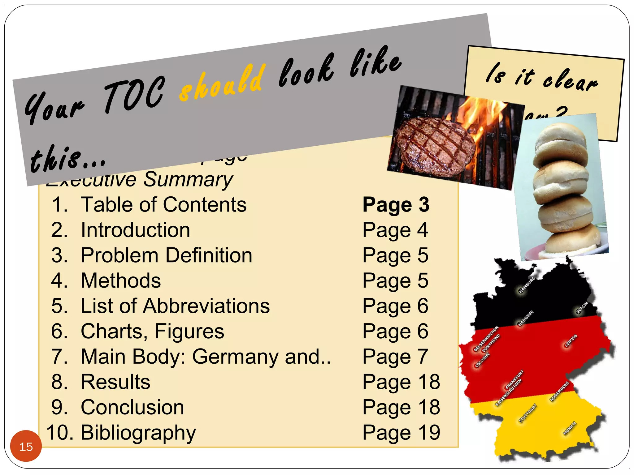 Attractive Cover page
Executive Summary
1. Table of Contents Page 3
2. Introduction Page 4
3. Problem Definition Page 5
4. Methods Page 5
5. List of Abbreviations Page 6
6. Charts, Figures Page 6
7. Main Body: Germany and.. Page 7
8. Results Page 18
9. Conclusion Page 18
10. Bibliography Page 19
Your TOC should look like
this…
15
Is it clear
now?
 