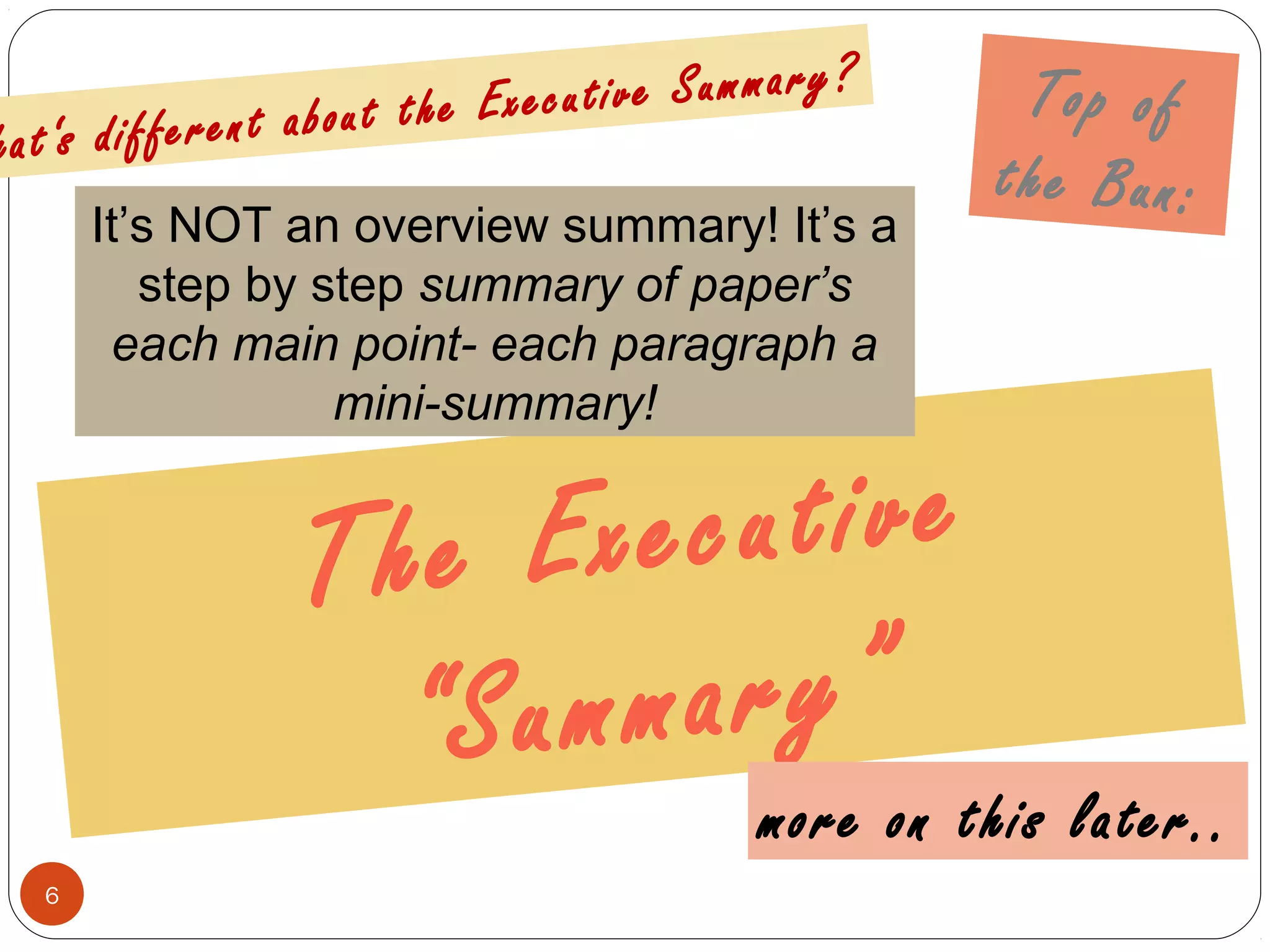 The Executive
“Summary”
It’s NOT an overview summary! It’s a
step by step summary of paper’s
each main point- each paragraph a
mini-summary!
6
Top of
the Bun:
more on this later..
hat‘s different about the Executive Summary?
 