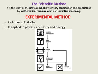 The Scientific Method
It is the study of the physical world by sensory observation and experiment,
by mathematical measurement and inductive reasoning.
EXPERIMENTAL METHOD
- its father is G. Galilei
- Is applied to physics, chemistry and biology
 