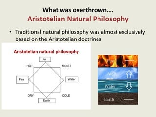 What was overthrown….
Aristotelian Natural Philosophy
• Traditional natural philosophy was almost exclusively
based on the Aristotelian doctrines
 