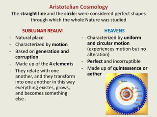 Aristotelian Cosmology
The straight lineand the circle: were considered perfect shapes
through which the whole Nature was studied
SUBLUNAR REALM
- Natural place
- Characterized by motion
- Based on generation and
corruption
- Made up of the 4 elements
- They relate with one
another, and they transform
into one another in this way
everything existes, grows,
and becomes something
else .
HEAVENS
- Characterized by uniform
and circular motion
(experiences motion but no
alteration)
- Perfect and incorruptible
- Made up of quintessence or
aether
 