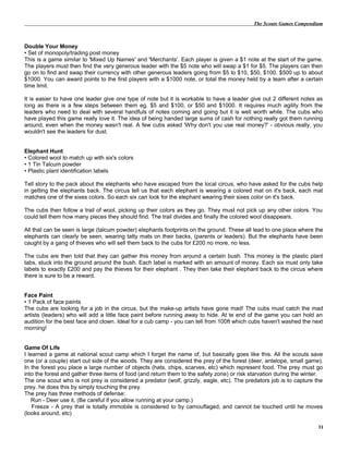 The Scouts Games Compendium
Double Your Money
• Set of monopoly/trading post money
This is a game similar to 'Mixed Up Names' and 'Merchants'. Each player is given a $1 note at the start of the game.
The players must then find the very generous leader with the $5 note who will swap a $1 for $5. The players can then
go on to find and swap their currency with other generous leaders going from $5 to $10, $50, $100. $500 up to about
$1000. You can award points to the first players with a $1000 note, or total the money held by a team after a certain
time limit.
It is easier to have one leader give one type of note but it is workable to have a leader give out 2 different notes as
long as there is a few steps between them eg. $5 and $100, or $50 and $1000. It requires much agility from the
leaders who need to deal with several handfuls of notes coming and going but it is well worth while. The cubs who
have played this game really love it. The idea of being handed large sums of cash for nothing really got them running
around, even when the money wasn't real. A few cubs asked 'Why don't you use real money?' - obvious really, you
wouldn't see the leaders for dust.
Elephant Hunt
• Colored wool to match up with six's colors
• 1 Tin Talcum powder
• Plastic plant identification labels
Tell story to the pack about the elephants who have escaped from the local circus, who have asked for the cubs help
in getting the elephants back. The circus tell us that each elephant is wearing a colored mat on it's back, each mat
matches one of the sixes colors. So each six can look for the elephant wearing their sixes color on it's back.
The cubs then follow a trail of wool, picking up their colors as they go. They must not pick up any other colors. You
could tell them how many pieces they should find. The trail divides and finally the colored wool disappears.
All that can be seen is large (talcum powder) elephants footprints on the ground. These all lead to one place where the
elephants can clearly be seen, wearing tatty mats on their backs, (parents or leaders). But the elephants have been
caught by a gang of thieves who will sell them back to the cubs for £200 no more, no less.
The cubs are then told that they can gather this money from around a certain bush. This money is the plastic plant
tabs, stuck into the ground around the bush. Each label is marked with an amount of money. Each six must only take
labels to exactly £200 and pay the thieves for their elephant . They then take their elephant back to the circus where
there is sure to be a reward.
Face Paint
• 1 Pack of face paints
The cubs are looking for a job in the circus, but the make-up artists have gone mad! The cubs must catch the mad
artists (leaders) who will add a little face paint before running away to hide. At te end of the game you can hold an
audition for the best face and clown. Ideal for a cub camp - you can tell from 100ft which cubs haven't washed the next
morning!
Game Of Life
I learned a game at national scout camp which I forget the name of, but basically goes like this. All the scouts save
one (or a couple) start out side of the woods. They are considered the prey of the forest (deer, antelope, small game).
In the forest you place a large number of objects (hats, chips, scarves, etc) which represent food. The prey must go
into the forest and gather three items of food (and return them to the safety zone) or risk starvation during the winter.
The one scout who is not prey is considered a predator (wolf, grizzly, eagle, etc). The predators job is to capture the
prey. he does this by simply touching the prey.
The prey has three methods of defense:
Run - Deer use it, (Be careful if you allow running at your camp.)
Freeze - A prey that is totally immobile is considered to by camouflaged, and cannot be touched until he moves
(looks around, etc)
31
 