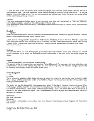 The Scouts Games Compendium
To start, it is wise to give one practice shot each to each player, then randomly select players, shooting the ball at
them more than once. The game may sound simple but if the Thrower is cunning it can be quite difficult. The last one
standing in the circle is the winner. You can then proceed to find out how many throws this person can handle before
he/she is eliminated, and keep a record.
Variation
If the group gets really good at the game, is that the shouter must shout out 3 words (such as PUSH CATCH PUSH)
and the Cub must do the opposite of the middle one (or the first or last).
(From: Michael Edward McFee 13e Rockland and 51e Clarence leader for the Louveteaux (Cubs) and the Eclaireurs (Scouts) in Association des
Scouts du Canada)
Row Ball
• 1 Large ball
Pack is divided into two teams, who sit in parallel lines about four feet apart, but facing in opposite directions. The feet
of each Cub should just touch the seat of the Cub in front.
A mark is made halfway down the aisle between the two teams. The ball is placed on this mark. When the Leader calls
"row" the players use their inner hands only and try to drive the ball to the front of their respective teams. If this is done
a goal is scored. The ball must stay on the ground. As a variation turn the teams around and use the other hands.
(From: Alastair Honeybun)
Sardines
The 'opposite' of hide and seek. A few players go and hide in separate locations. After a delay everyone else sets off
to find the hidden scouts. When one scout finds another he must hide in the same place, until all the players are
hidden.
Signals
• Various noise makers such as whistles, rattles and bells
This game is similar to the game where you shout out Port and Starboard. The players are told what action they must
perform when a certain sound is heard. Play this a few times with nobody being out, then start taking out people who
do the wrong action or who are the last ones to do the action.
Sin-bin Dodge Ball
• 1 ball
• 6 chairs
This is yet another adaptation of the dodge ball game. A player tries hit another player under knee level with the ball.
Once a player is hit he goes into the sin-bin for a short time. Players may move anywhere in the hall to avoid the ball,
but may not travel with the ball.
The sin-bin is a row of 6 chairs which the scouts stand (or sit) on. At the start of the game the sin-bin is empty. When
the first player is hit he sits on the foremost chair, the next player out sits in the next chair and so on until the sin-bin is
full. When a player enters a full sin-bin he pushes everyone along a chair. The player at the front of the 'queue' is
pushed out and goes back into the game. Thus 6 players need to hit before a player who has just entered the sin-bin
can return to the game.
Refinement
Use more than 1 ball.
Refinement
Play in patrols - ask scouts to remember how many times they were hit and award points to the patrol with the smallest
total number.
Snake Dodge Ball (Indian File Dodge Ball)
• 1 ball
9
 