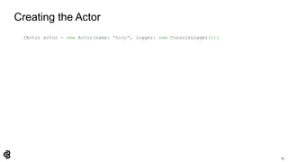 54
Creating the Actor
IActor actor = new Actor(name: "Andy", logger: new ConsoleLogger());
 