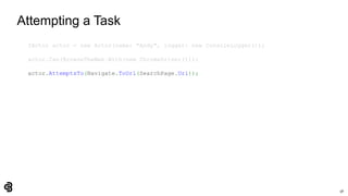 58
Attempting a Task
IActor actor = new Actor(name: "Andy", logger: new ConsoleLogger());
actor.Can(BrowseTheWeb.With(new ChromeDriver()));
actor.AttemptsTo(Navigate.ToUrl(SearchPage.Url));
 
