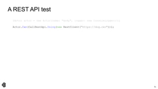 82
A REST API test
IActor actor = new Actor(name: "Andy", logger: new ConsoleLogger());
Actor.Can(CallRestApi.Using(new RestClient("https://dog.ceo")));
 