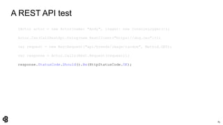 85
A REST API test
IActor actor = new Actor(name: "Andy", logger: new ConsoleLogger());
Actor.Can(CallRestApi.Using(new RestClient("https://dog.ceo")));
var request = new RestRequest("api/breeds/image/random", Method.GET);
var response = Actor.Calls(Rest.Request(request));
response.StatusCode.Should().Be(HttpStatusCode.OK);
 