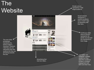 The
Website
Simple colours
represents a wide
target audience.
The use of this
photograph
represents the
bands image is
important. However,
I feel they are not
interacting with their
audience as they are
all looking towards
the size.
Continuous slide
show of photo’s
represents the
bands success and
the importance of
their image.
Social network
represents a
youthful audience
and a modern way
of interacting with
their fans.
Live twitter and
instagram updates
shows how they
want their audience
to have a constant
engagement with
them and their lives.
Advertising their
new tour dates .
 