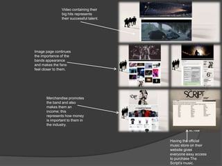 Video containing their
big hits represents
their successful talent.
Having the official
music store on their
website gives
everyone easy access
to purchase The
Script’s music.
Image page continues
the importance of the
bands appearance
and makes the fans
feel closer to them.
Merchandise promotes
the band and also
makes them an
income; this
represents how money
is important to them in
the industry.
 