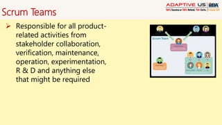 Scrum Teams
 Responsible for all product-
related activities from
stakeholder collaboration,
verification, maintenance,
operation, experimentation,
R & D and anything else
that might be required
 