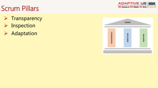 Scrum Pillars
 Transparency
 Inspection
 Adaptation
 