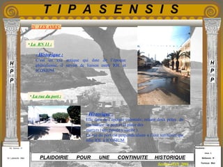 Etudiants :
Aloui . L
Belkacem . R
Fermous . Med
Etudiants :
Aloui . L
Belkacem . R
Fermous . Med
T I P A S E N S I S
Enseignants :
Mr . Betroni . O
Mr .Labreche . Med
Enseignants :
Mr . Betroni . O
Mr .Labreche . Med PLAIDOIRIE POUR UNE CONTINUITE HISTORIQUE
Session JUIN 2003
2) LES AXES :
- Historique :
C’est un axe antique qui date de l’époque
phénicienne, il servait de liaison entre IOL et
ICOSIUM.
- Historique :
Elle date de l’époque coloniale, reliant deux pôles de
croissance :le port et la place des
martyrs (une percée visuelle ).
La rue du port est perpendiculaire à l’axe territorial qui
relie IOL à ICOSIUM.
• La RN 11 :
• La rue du port :
 