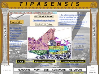 Etudiants :
Aloui . L
Belkacem . R
Fermous . Med
Etudiants :
Aloui . L
Belkacem . R
Fermous . Med
T I P A S E N S I S
Enseignants :
Mr . Betroni . O
Mr .Labreche . Med
Enseignants :
Mr . Betroni . O
Mr .Labreche . Med PLAIDOIRIE POUR UNE CONTINUITE HISTORIQUE
Session JUIN 2003
LECTURE DE LA FORME URBAINE EXISTANTE :
CONTENU URBAIN
Distribution typologique
NIVEAU GLOBAL
Le noyau de
Tipasa souffre
d’un manque
flagrant en
matière
d’infrastructure
culturelles et
économique.
Aire touristico-
culturelle
Aire portuaire
Aire résidentielle
Aire administrative
Aire culturelle
Constat :
• La relation entre ces différentes
aires se manifeste par une
hiérarchisation de la voirie
permettant ainsi les interrelations et
les communications entre elles.
A.P.C Espace privé collectif Espace privé individuel
Commerce Habitation jardin
 
