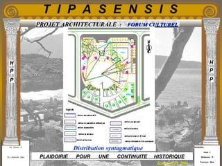 Etudiants :
Aloui . L
Belkacem . R
Fermous . Med
Etudiants :
Aloui . L
Belkacem . R
Fermous . Med
T I P A S E N S I S
Enseignants :
Mr . Betroni . O
Mr .Labreche . Med
Enseignants :
Mr . Betroni . O
Mr .Labreche . Med PLAIDOIRIE POUR UNE CONTINUITE HISTORIQUE
Session JUIN 2003
PROJET ARCHITECTURALE : FORUM CULTURELFORUM CULTUREL
Distribution syntagmatique
 