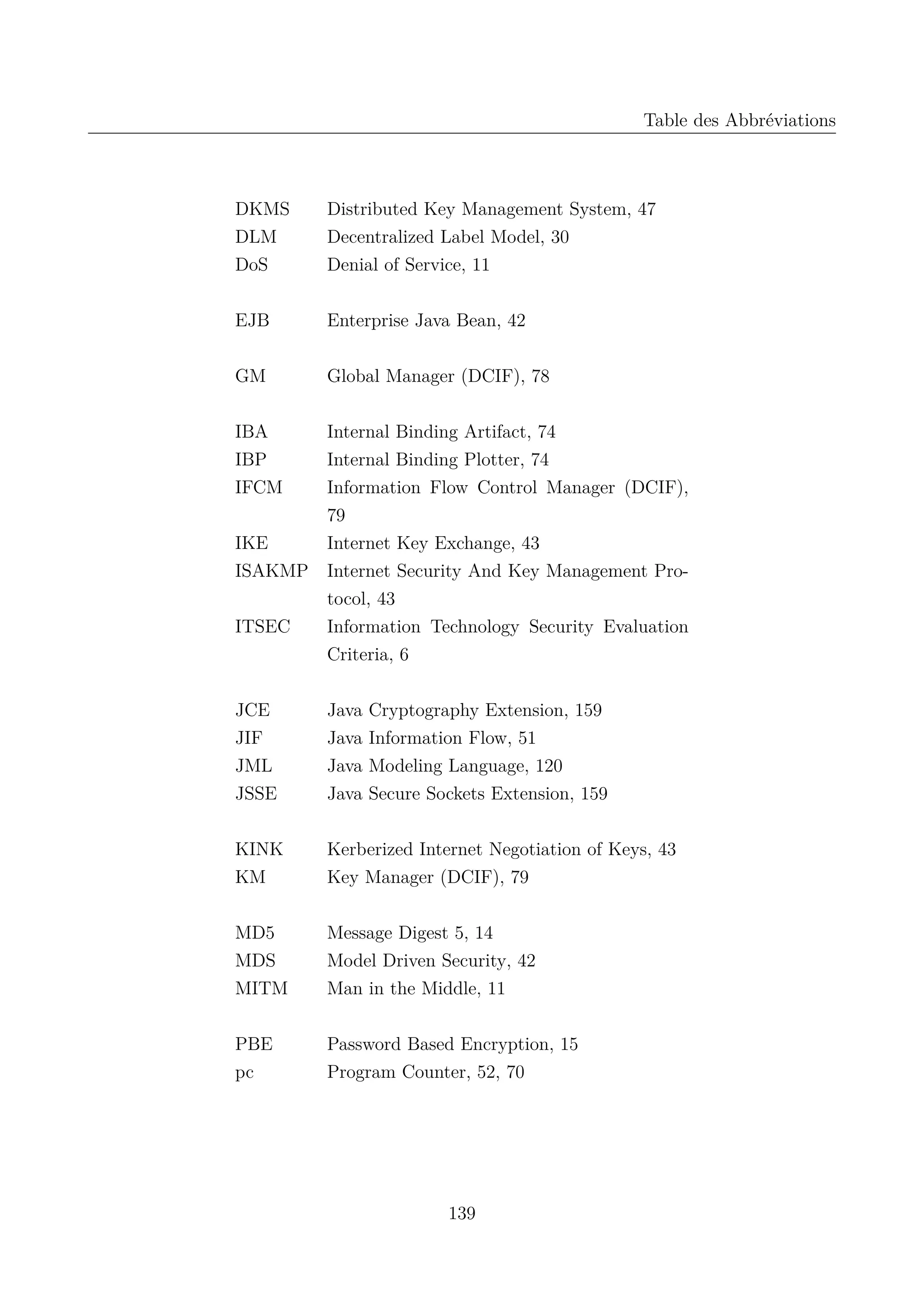 Table des Abbr&eacute;viations

DKMS
DLM
DoS

Distributed Key Management System, 47
Decentralized Label Model, 30
Denial of Service, 11

EJB

Enterprise Java Bean, 42

GM

Global Manager (DCIF), 78

IBA
IBP
IFCM

Internal Binding Artifact, 74
Internal Binding Plotter, 74
Information Flow Control Manager (DCIF),
79
IKE
Internet Key Exchange, 43
ISAKMP Internet Security And Key Management Protocol, 43
ITSEC
Information Technology Security Evaluation
Criteria, 6
JCE
JIF
JML
JSSE

Java
Java
Java
Java

Cryptography Extension, 159
Information Flow, 51
Modeling Language, 120
Secure Sockets Extension, 159

KINK
KM

Kerberized Internet Negotiation of Keys, 43
Key Manager (DCIF), 79

MD5
MDS
MITM

Message Digest 5, 14
Model Driven Security, 42
Man in the Middle, 11

PBE
pc

Password Based Encryption, 15
Program Counter, 52, 70

139

 