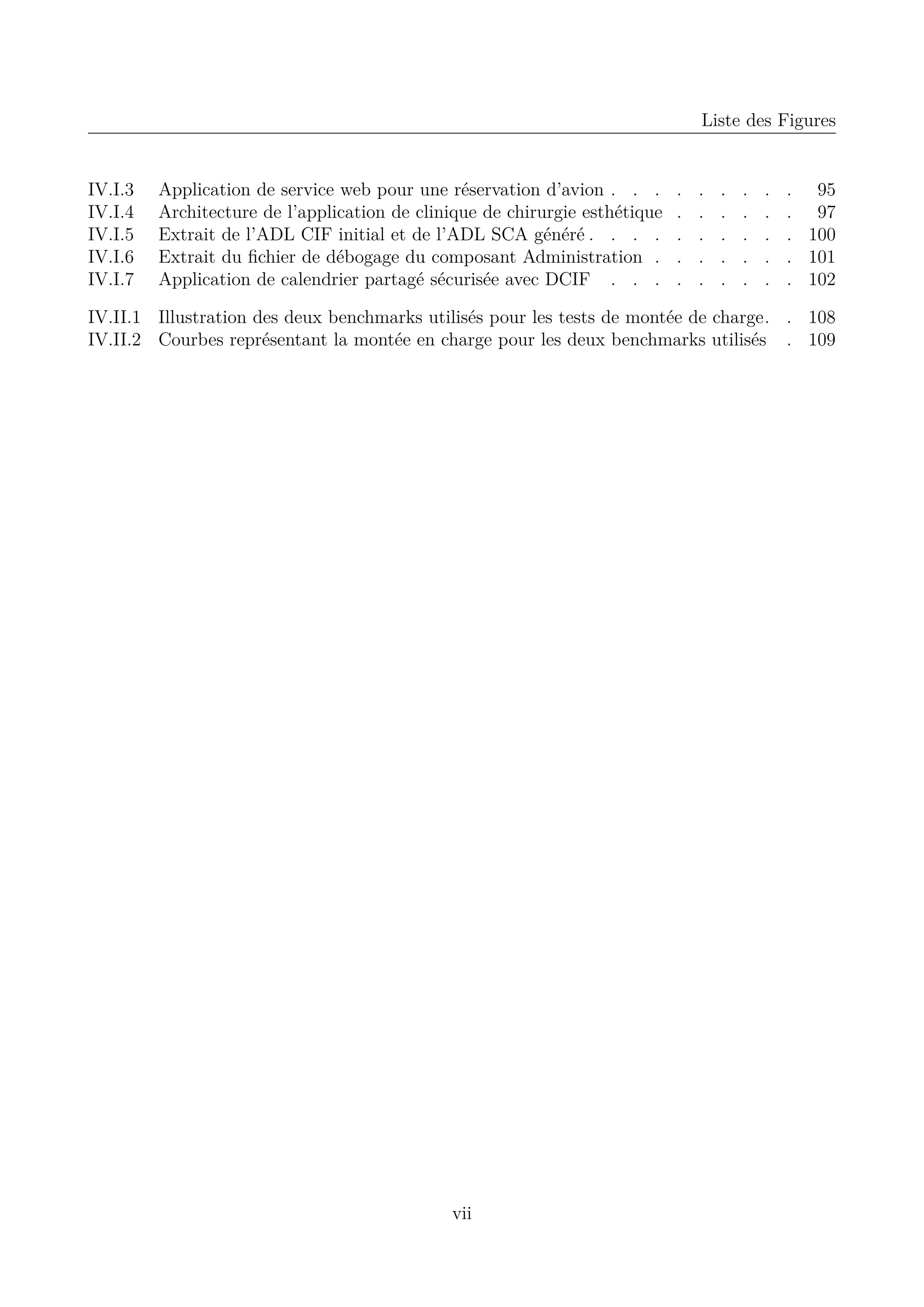 Liste des Figures

IV.I.3
IV.I.4
IV.I.5
IV.I.6
IV.I.7

Application de service web pour une r&eacute;servation d&rsquo;avion . . .
Architecture de l&rsquo;application de clinique de chirurgie esth&eacute;tique
Extrait de l&rsquo;ADL CIF initial et de l&rsquo;ADL SCA g&eacute;n&eacute;r&eacute; . . . .
Extrait du ﬁchier de d&eacute;bogage du composant Administration .
Application de calendrier partag&eacute; s&eacute;curis&eacute;e avec DCIF . . .

.
.
.
.
.

.
.
.
.
.

.
.
.
.
.

.
.
.
.
.

.
.
.
.
.

. 95
. 97
. 100
. 101
. 102

IV.II.1 Illustration des deux benchmarks utilis&eacute;s pour les tests de mont&eacute;e de charge. . 108
IV.II.2 Courbes repr&eacute;sentant la mont&eacute;e en charge pour les deux benchmarks utilis&eacute;s . 109

vii

 