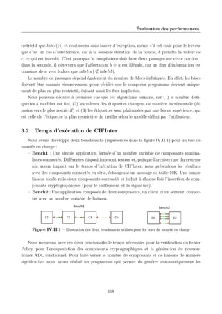 Évaluation des performances

restrictif que label(c)) et continuera sans lancer d’exception, même s’il est clair pour le lecteur
que c’est un cas d’interférence, car à la seconde itération de la boucle, b prendra la valeur de
c, ce qui est interdit. C’est pourquoi le compilateur doit faire deux passages sur cette portion :
dans la seconde, il détectera que l’aﬀectation b = a est illégale, car un ﬂux d’information est
transmis de a vers b alors que label(a) label(b).
Le nombre de passages dépend également du nombre de blocs imbriqués. En eﬀet, les blocs
doivent être scannés récursivement pour vériﬁer que le compteur programme devient uniquement de plus en plus restrictif, évitant ainsi les ﬂux implicites.
Nous pouvons déduire à première vue que cet algorithme termine, car (1) le nombre d’étiquettes à modiﬁer est ﬁni, (2) les valeurs des étiquettes changent de manière incrémentale (du
moins vers le plus restrictif) et (3) les étiquettes sont plafonnées par une borne supérieure, qui
est celle de l’étiquette la plus restrictive du treillis selon le modèle déﬁni par l’utilisateur.

3.2

Temps d’exécution de CIFInter

Nous avons développé deux benchmarks (représentés dans la ﬁgure IV.II.1) pour un test de
montée en charge :
– Bench1 : Une simple application formée d’un nombre variable de composants minimalistes connectés. Diﬀérentes dispositions sont testées et, puisque l’architecture du système
n’a aucun impact sur le temps d’exécution de CIFInter, nous présentons les résultats
avec des composants connectés en série, échangeant un message de taille 10K. Une simple
liaison locale relie deux composants successifs et induit à chaque fois l’insertion de composants cryptographiques (pour le chiﬀrement et la signature).
– Bench2 : Une application composée de deux composants, un client et un serveur, connectés avec un nombre variable de liaisons.
Bench1

C1

C2

Bench2
Cn

C3

C1

C2

Figure IV.II.1 – Illustration des deux benchmarks utilisés pour les tests de montée de charge

Nous mesurons avec ces deux benchmarks le temps nécessaire pour la vériﬁcation du ﬁchier
Policy, pour l’encapsulation des composants cryptographiques et la génération du nouveau
ﬁchier ADL fonctionnel. Pour faire varier le nombre de composants et de liaisons de manière
signiﬁcative, nous avons réalisé un programme qui permet de générer automatiquement les

108

 