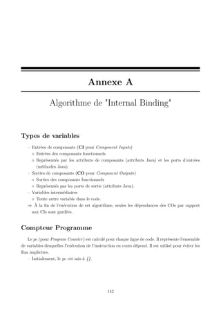Annexe A
Algorithme de "Internal Binding"

Types de variables
– Entrées de composants (CI pour Component Inputs)
◦ Entrées des composants fonctionnels
◦ Représentés par les attributs de composants (attributs Java) et les ports d’entrées
(méthodes Java).
– Sorties de composants (CO pour Component Outputs)
◦ Sorties des composants fonctionnels
◦ Représentés par les ports de sortie (attributs Java).
– Variables intermédiaires
◦ Toute autre variable dans le code.
⇒ À la ﬁn de l’exécution de cet algorithme, seules les dépendances des COs par rapport
aux CIs sont gardées.

Compteur Programme
Le pc (pour Program Counter) est calculé pour chaque ligne de code. Il représente l’ensemble
de variables desquelles l’exécution de l’instruction en cours dépend. Il est utilisé pour éviter les
ﬂux implicites.
– Initialement, le pc est mis à {}.

142

 